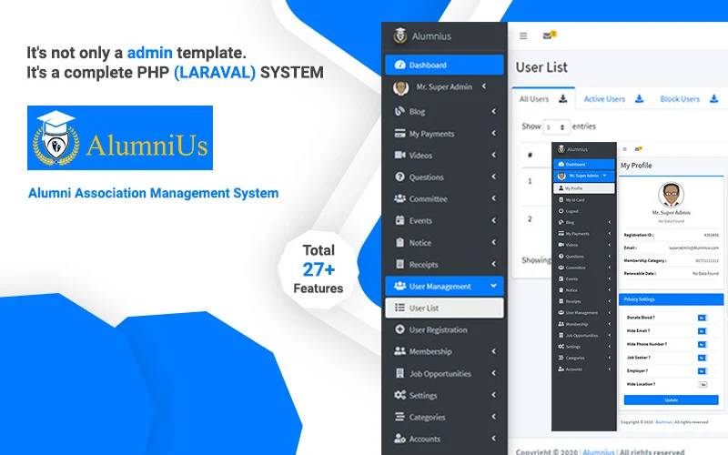 Alumnius Laravel Association Management System Admin Template