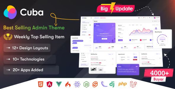 Cuba HTML, React, Angular , VueJS, Django, Flask, Nodejs & Laravel Admin Dashboard Template