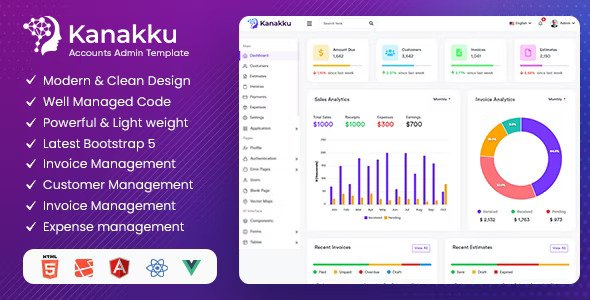 Kanakku Sales, Invoices & Accounts Admin Template with RTL (HTML, Laravel, Vuejs Angular Reactjs)