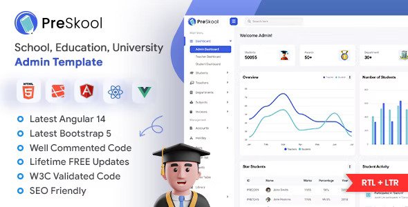 PreSkool School, Education Management Admin Template (HTML Laravel Vuejs Angular Reactjs)