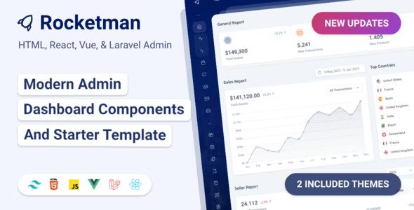 Rocketman Tailwind CSS React , Vuejs , HTML & Laravel Admin Dashboard Template